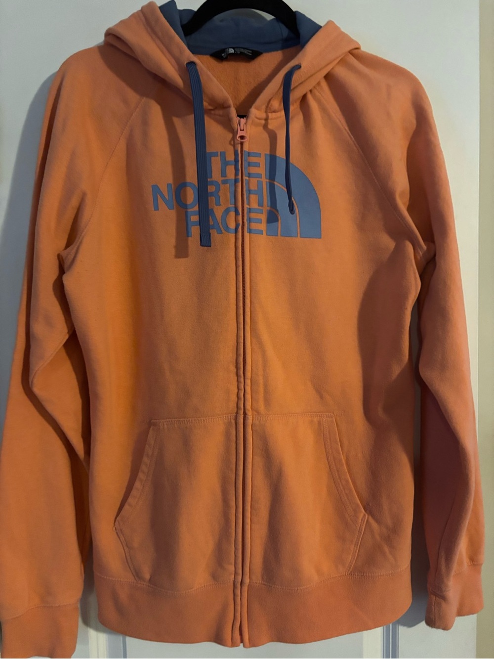 The North Face Orange Zip-Up Hoodie Jacket Blue Logo Sweatshirt Soft Warm Large